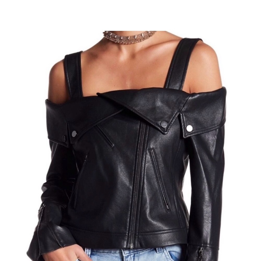 BCBGMAXAZRIA Clyde faux leather black long sleeve off the shoulder jacket sz XS